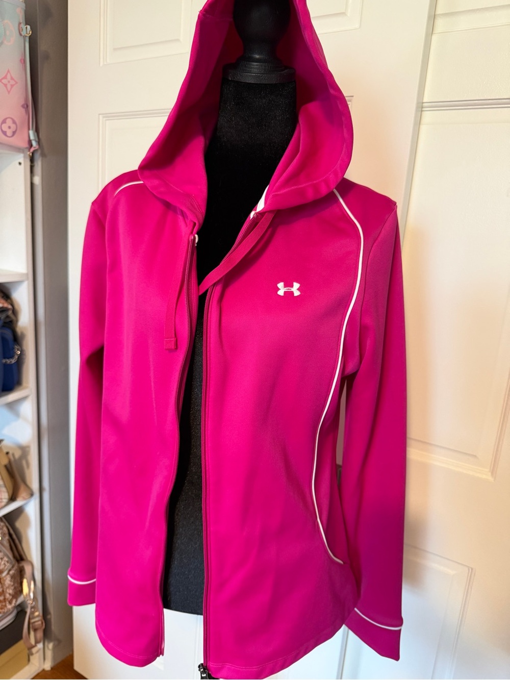 Under Armour Hot Pink Hooded Zip-Up Jacket with White Piping